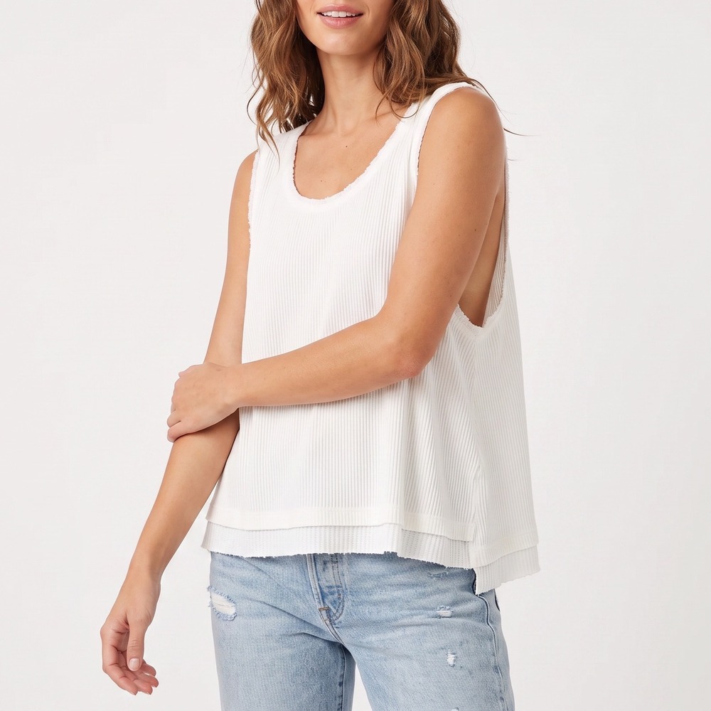Free People Tank Top Womens Medium White Ribbed Layered Hem Excellent